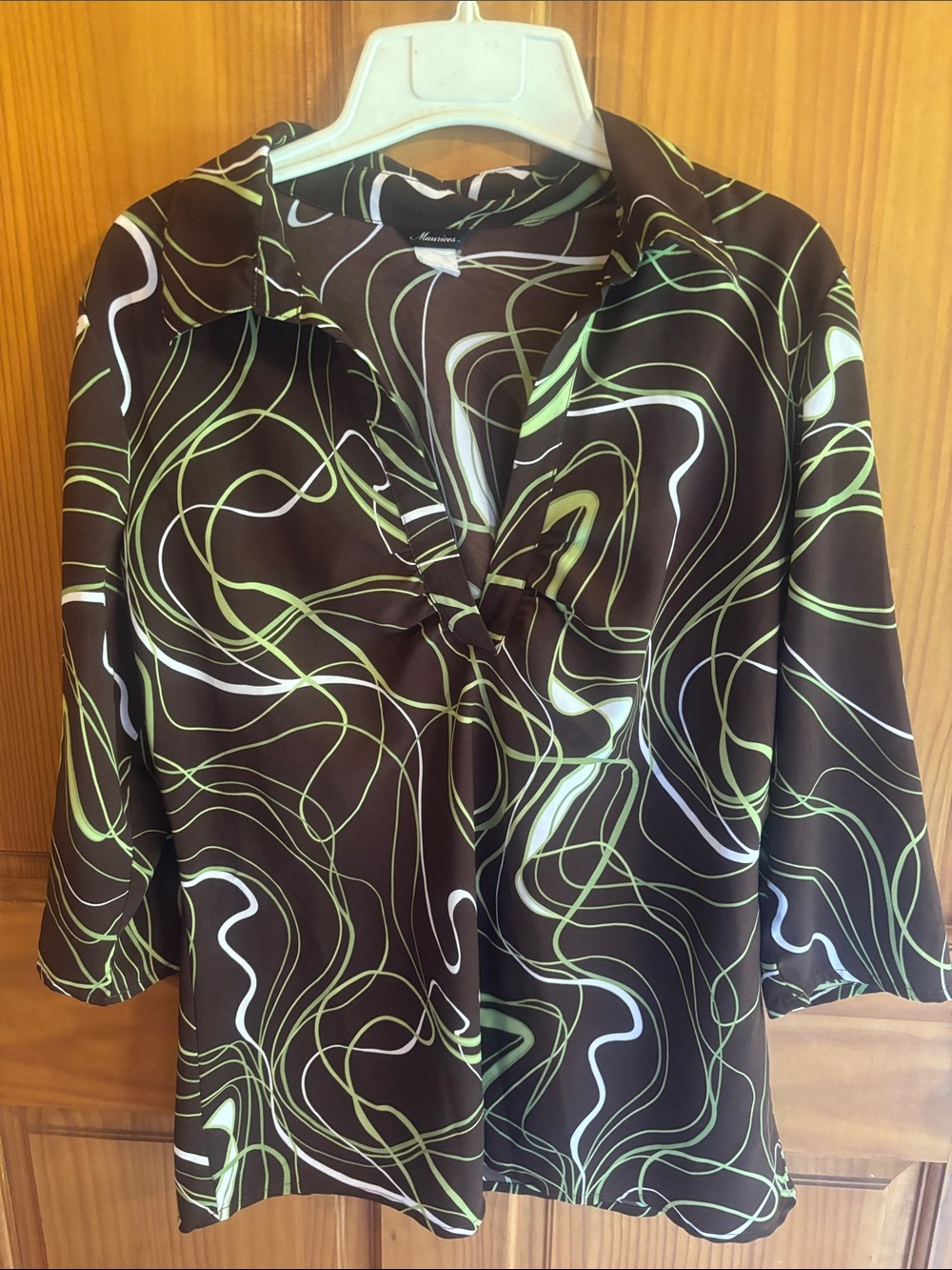 Maurices Brown Blouse with Green and Cream Swirl Print